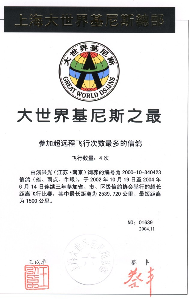 我的信鸽荣获中国大世界基尼斯纪录